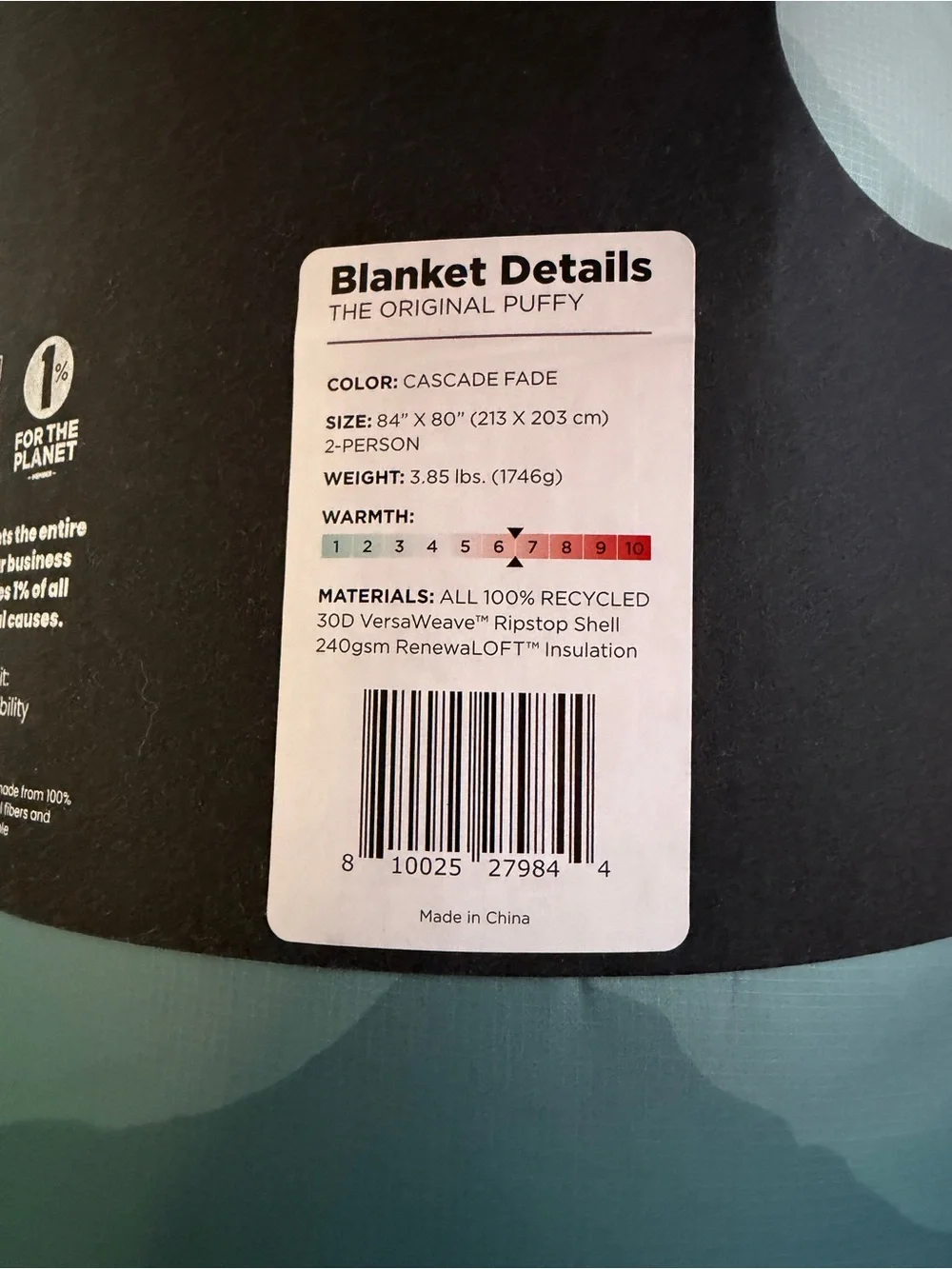 Rumpl Original Puffy 2 Person Blanket, Cascade Fade, 84“ x 80“, Camping, Vanlife